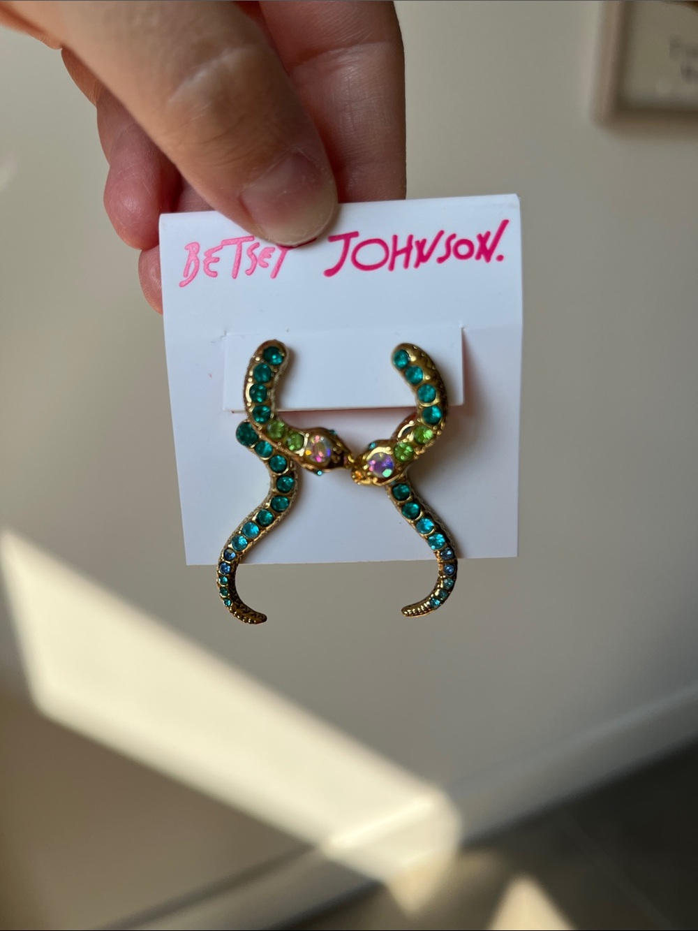 Betsey Johnson Gold-Tone Green & Teal Crystal Snake Earrings - Picture 2 of 3